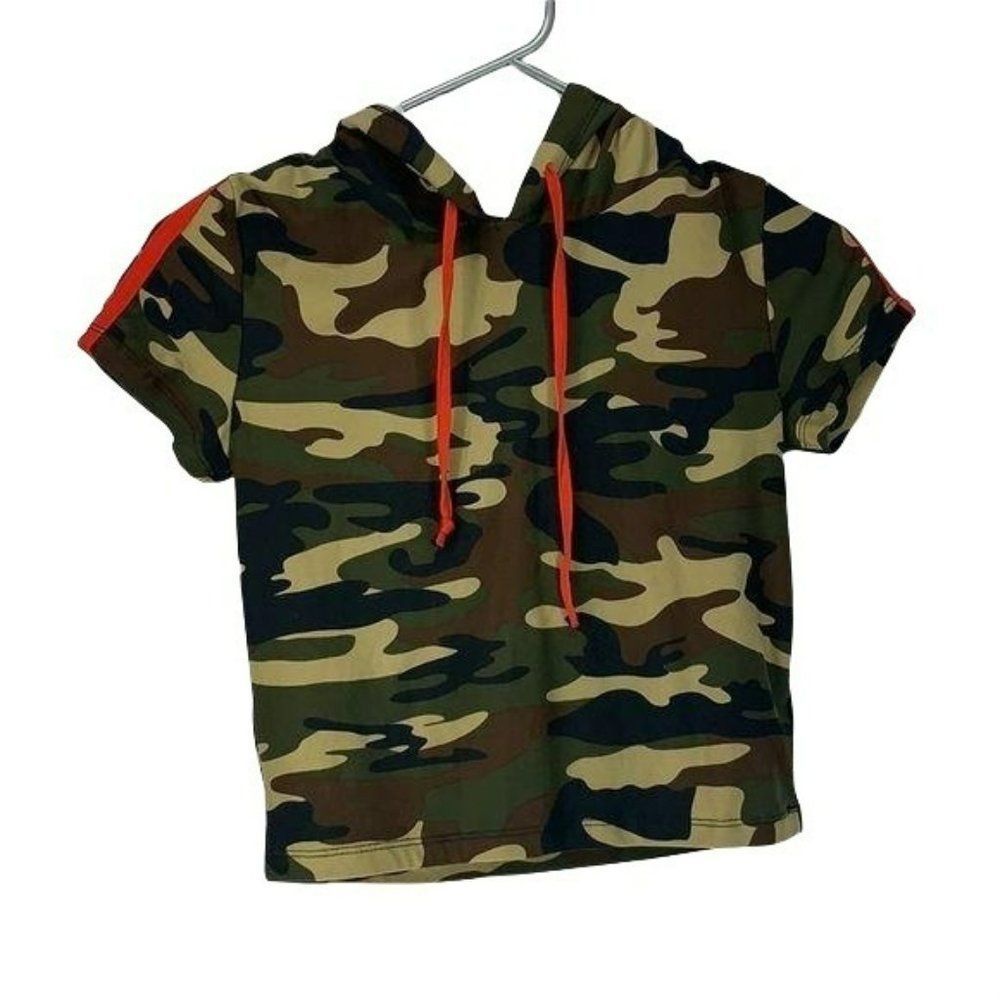Feathers Small Camo Hooded Short‎ Sleeve Crop Top Tee shirt